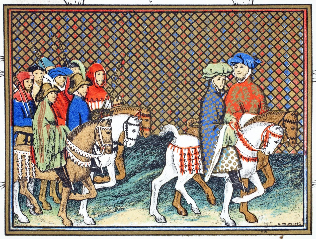Richard II lähetti Exeterin ja Surreyn herttuat Conwayn linnasta Chesteriin hoitamaan Lancasterin herttua, faksikopio Jean Cretonin Le Prinse et Mort du Roy Richartista, uusintapainos 19. tekijältä French School
