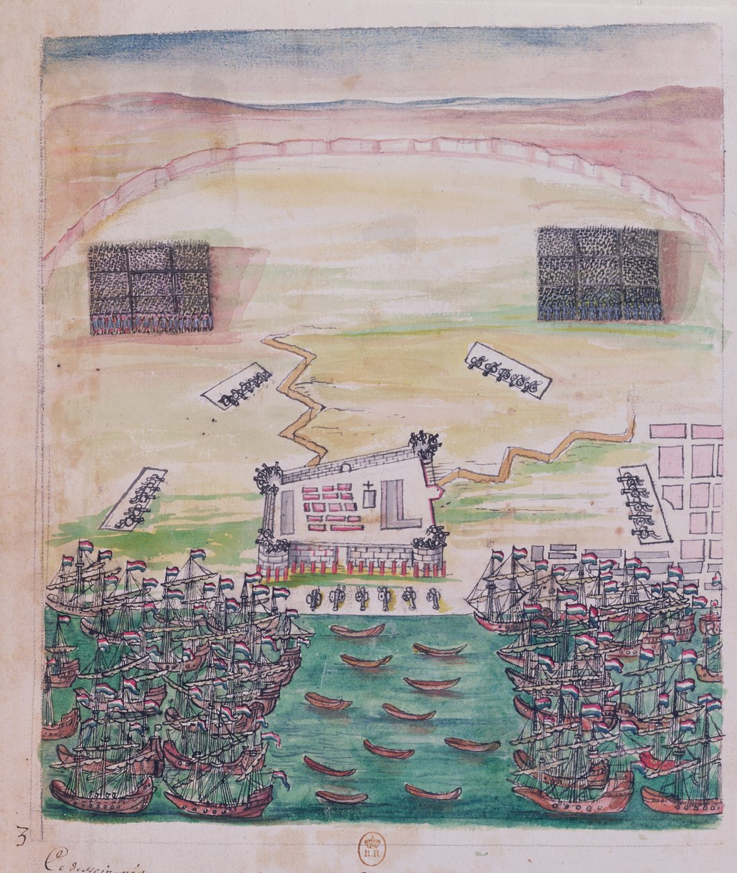 Pondicherryn hollantilainen piiritys elokuussa 1693, kuva jesuiittalähetyssaarnaajan matkapäiväkirjasta (kynä & muste ja wc paperilla) tekijältä French School