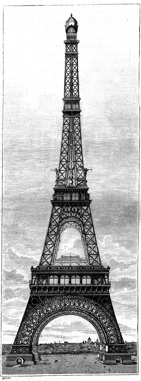 Eiffel-torni, 300 metriä korkea torni vuoden 1889 maailmannäyttelyä varten Pariisissa, insinööri ja teollisuus Gustave Eiffel (1832-1923). Kaiverrus "" La Nature -kirjaan. Revue des sciences et de ses applications aux arts et à l