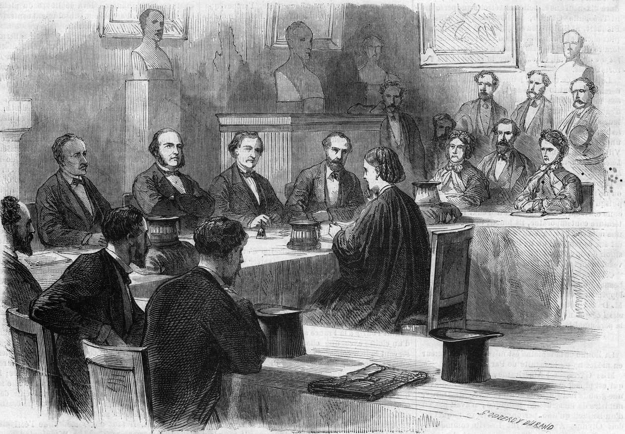 Englantilainen Elizabeth Garrett Anderson (1836-1917) esitteli nämä hänelle Pariisin lääketieteellisen tiedekunnan tuomaristolle vuonna 1870. Hänestä tuli ensimmäinen naislääkäri. Kaiverrus Godefroy Durand kirjassa "" The Illustrous World"" nro 689, 25. ke tekijältä French School