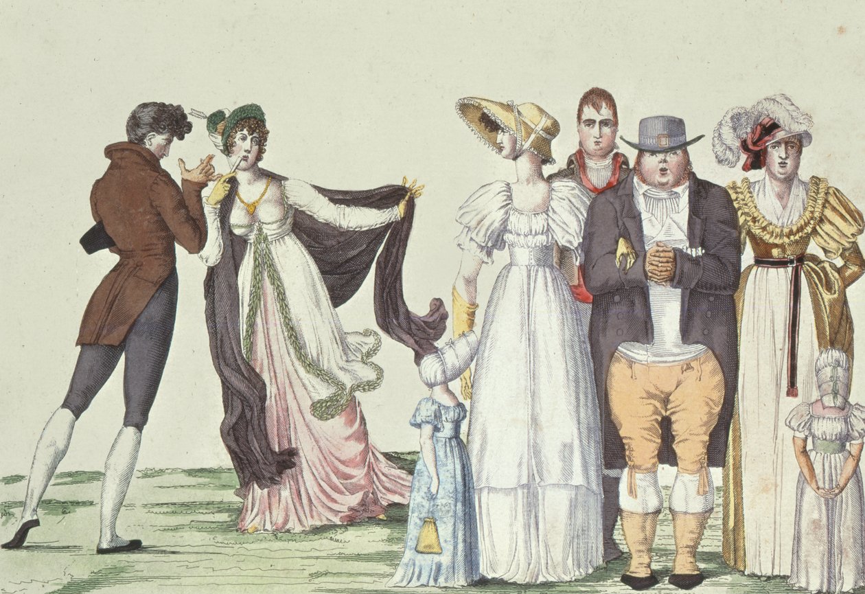 Englantilainen perhe Pariisissa, kuva Le Supreme Bon Tonista, n. 1815 tekijältä French School