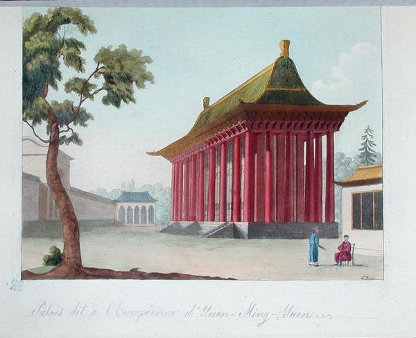 "Eurooppalainen" palatsi Yuen-Ming-Yuanissa, Jules Ferrarion teoksesta "Le Costume Ancien et Moderne", kaiverrus S. Rossi, n. 1819 (värinen kaiverrus) tekijältä French School