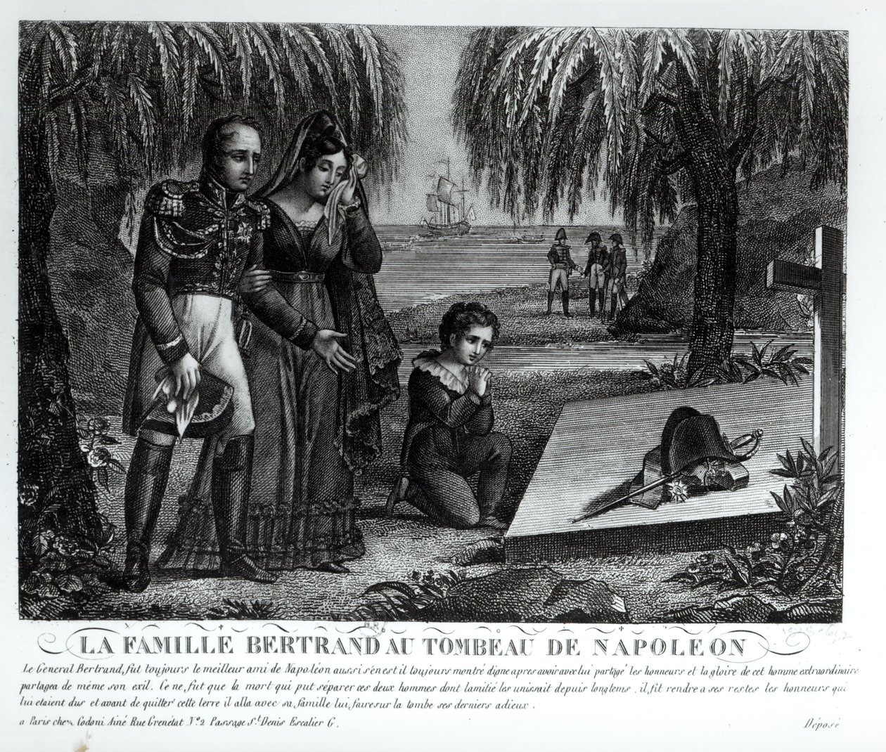 Kenraali Henri-Gratien Bertrandin (1773-1844) perhe Napoleon Bonaparten (1769-1821) haudalla 1821 (litho) (bw kuva) tekijältä French School