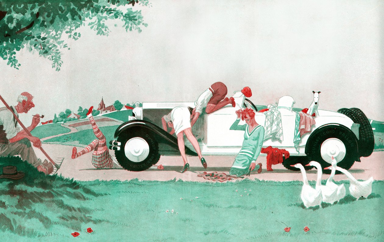 Kohtalokas hajoaminen - Jos maataloudesta puuttuu kädet, autoilusta ei puutu jalkoja - kuvitus la Vie Parisienne -lehdestä. tekijältä French School