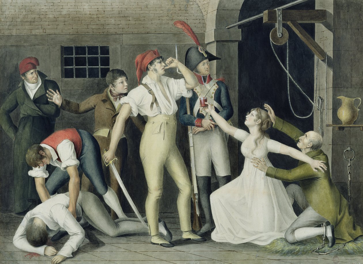 Madamemoiselle de Sombreuilin veljellinen ja sankarillinen hartaus syyskuussa 1792, noin 1800 (kynä ja muste, wc ja guassi paperilla) tekijältä French School