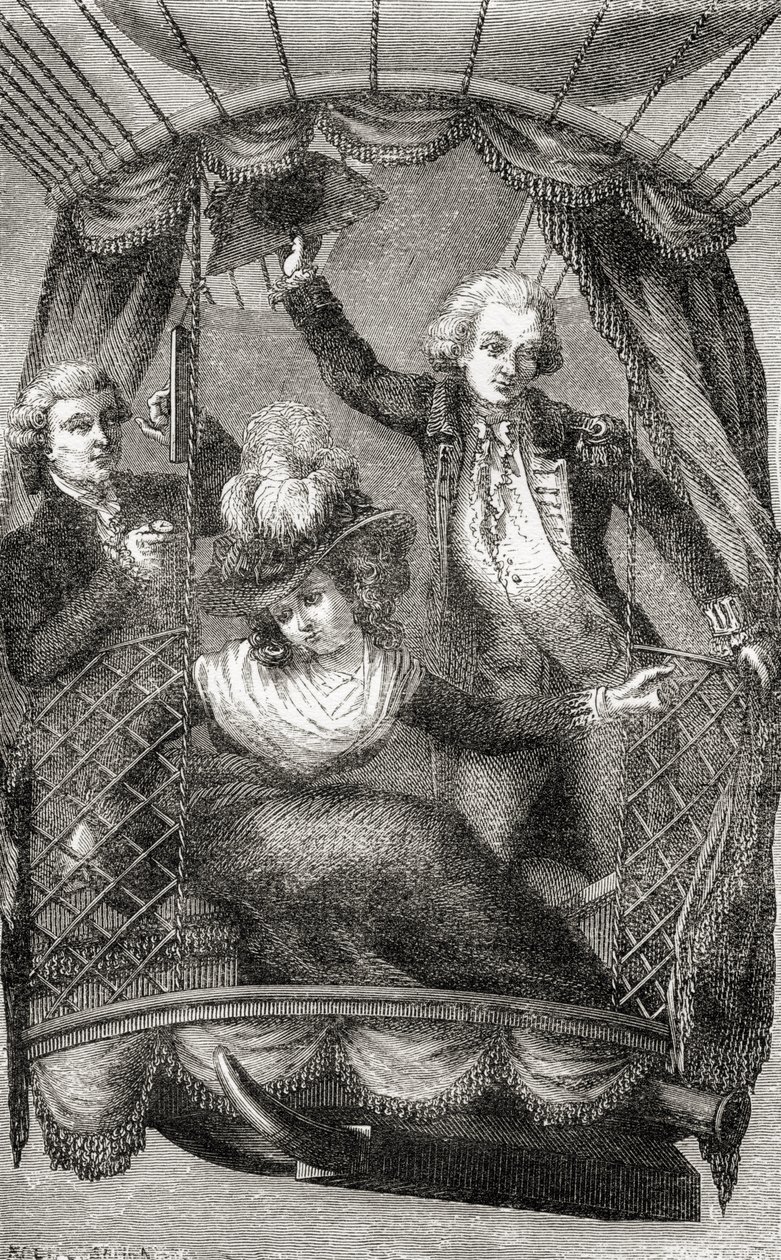 Ensimmäinen ilmapallon nousu Englannissa, 15. syyskuuta 1784, Fulgence Marionin teoksesta Wonderful Balloon Ascents or the Conquest of the Skies, julkaistu n. 1870 (litho) tekijältä French School