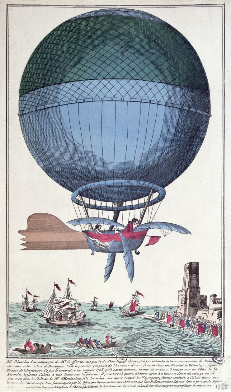 Jean Pierre Francois Blanchardin (1753-1809) ja John Jeffriesin (1744-1819) ensimmäinen kanavan ylitys ilmateitse, 1785 tekijältä French School