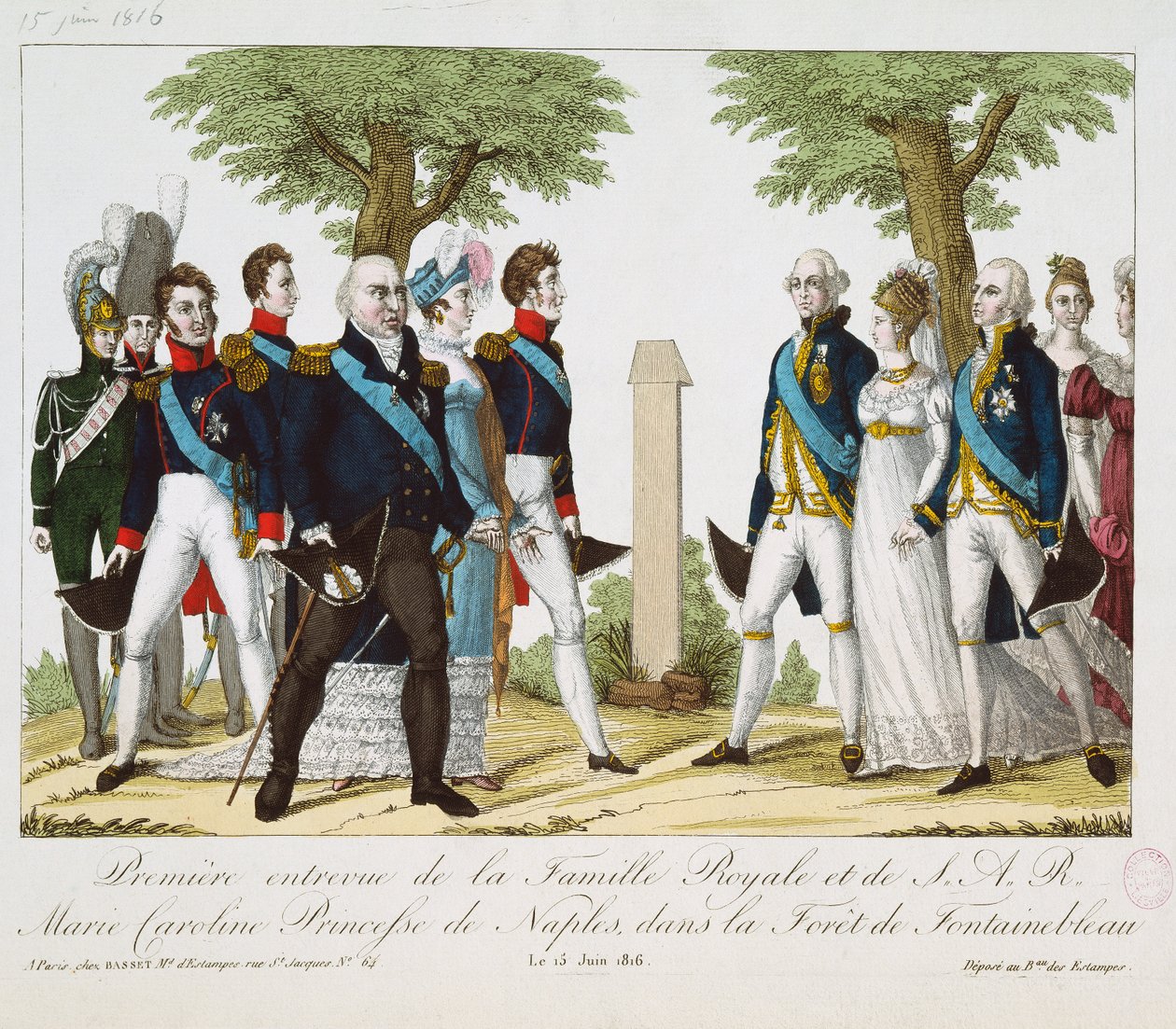 Ensimmäinen tapaaminen Louis XVIII:n (1755-1824) ja Bourbonin Marie-Caroline-Ferdinanden (1798-1870) välillä Croix de St. Herem -kadulla Fontainebleaun metsässä, 15. kesäkuuta 1816, 1816-30 (värillinen engr) tekijältä French School