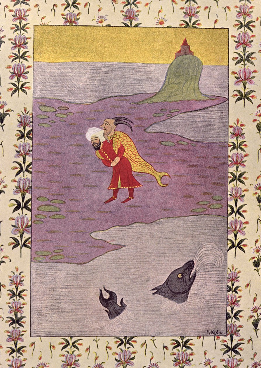Sinbadin neljäs matka, kuvitus Sinbad, merimies, Arabian yöt, 1895 (värikaiverrus) tekijältä French School