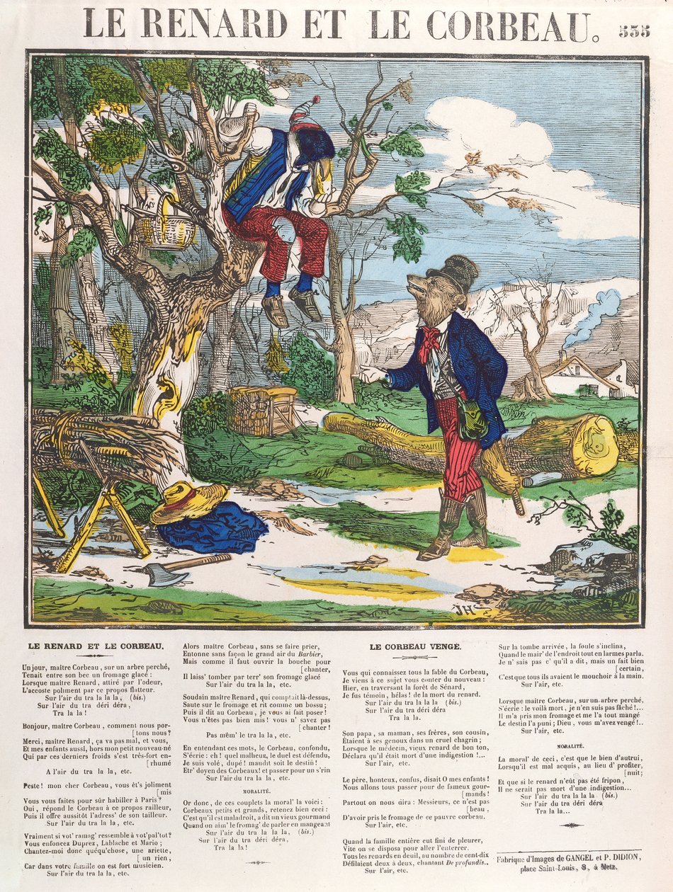 Kettu ja varis, n. 1840 (värikaiverrus) tekijältä French School