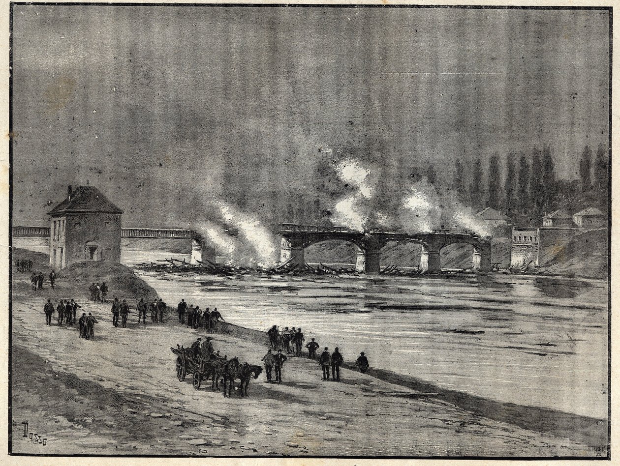 Ranskan ja Preussin sota - Pariisin puolustaminen - Asnieresin silta polttava - Asnieresin sillan tulipalo Pariisin piirityksen (puolustuksen) aikana. Kaiverrus "" Les combatants de 1870-71" - komentaja Leonce Rousset (1850-) 1938) - Ranskan Preussin sota  tekijältä French School