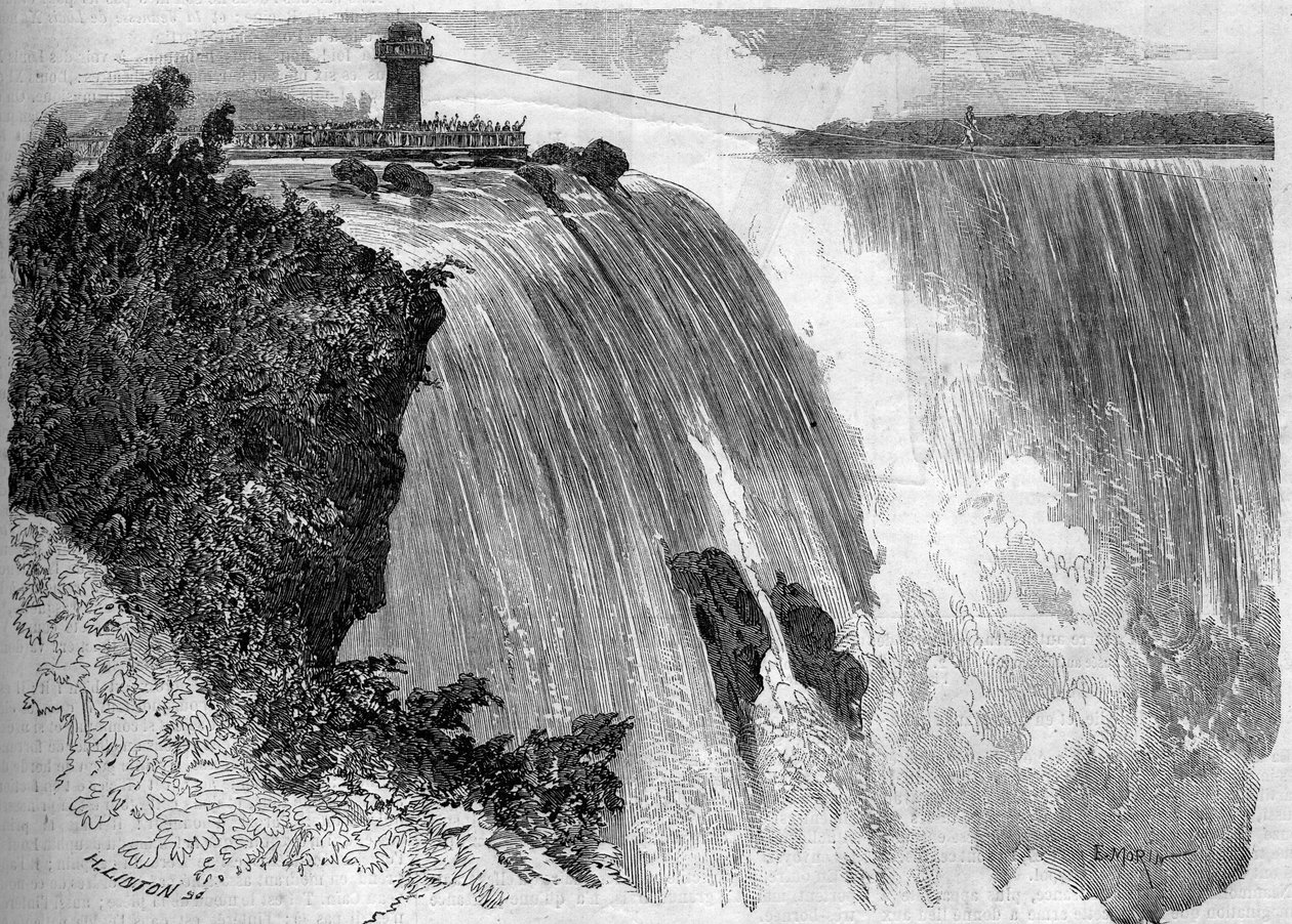Ranskalainen akrobaatti Blondin (Jean Francois Gravelet, toim.) (1824-1897) ylittää Niagaran putoukset. Mr. Philibertin luonnoksesta. Kaiverrus "" Le Monde Illustré" -julkaisussa nro 127, 17. syyskuuta 1859. tekijältä French School