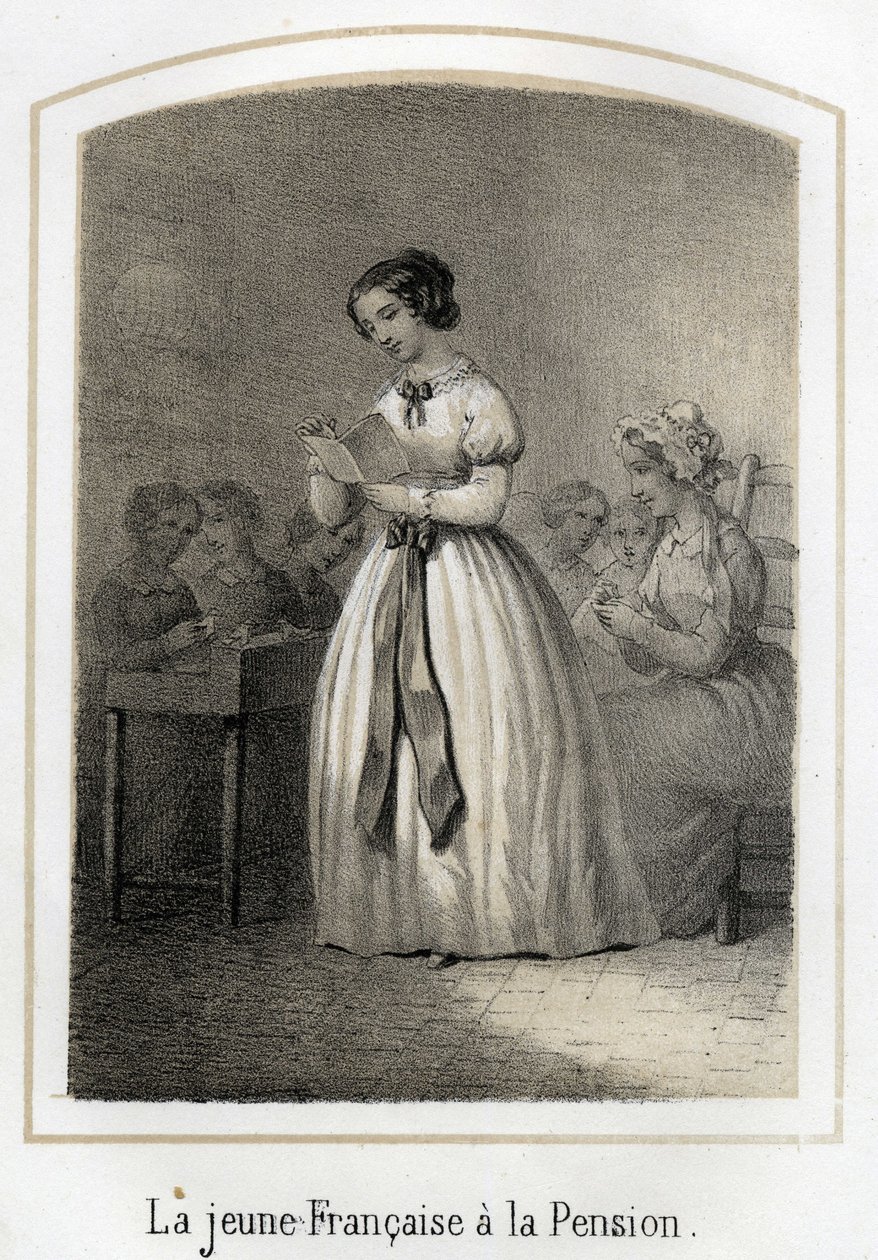 Ranskalainen tyttö lukee luokkatovereilleen. Anonyymi kaiverrus 1800-luvulta tekijältä French School