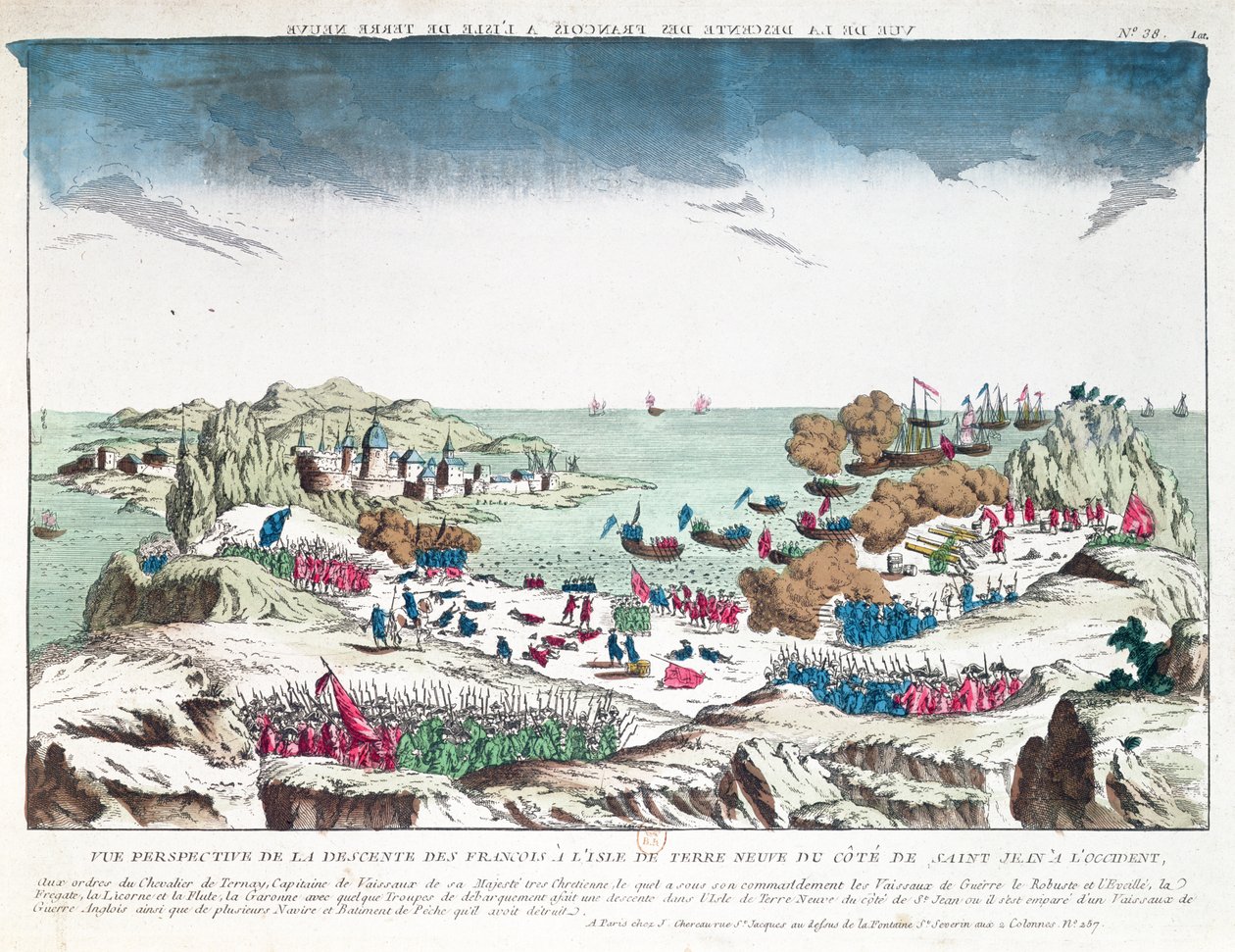 Ranskan hyökkäys St. Johniin Newfoundlandissa 2. kesäkuuta 1762 Chevalier du Ternayn (1722-80) komennossa, 1700-luvun lopussa tekijältä French School