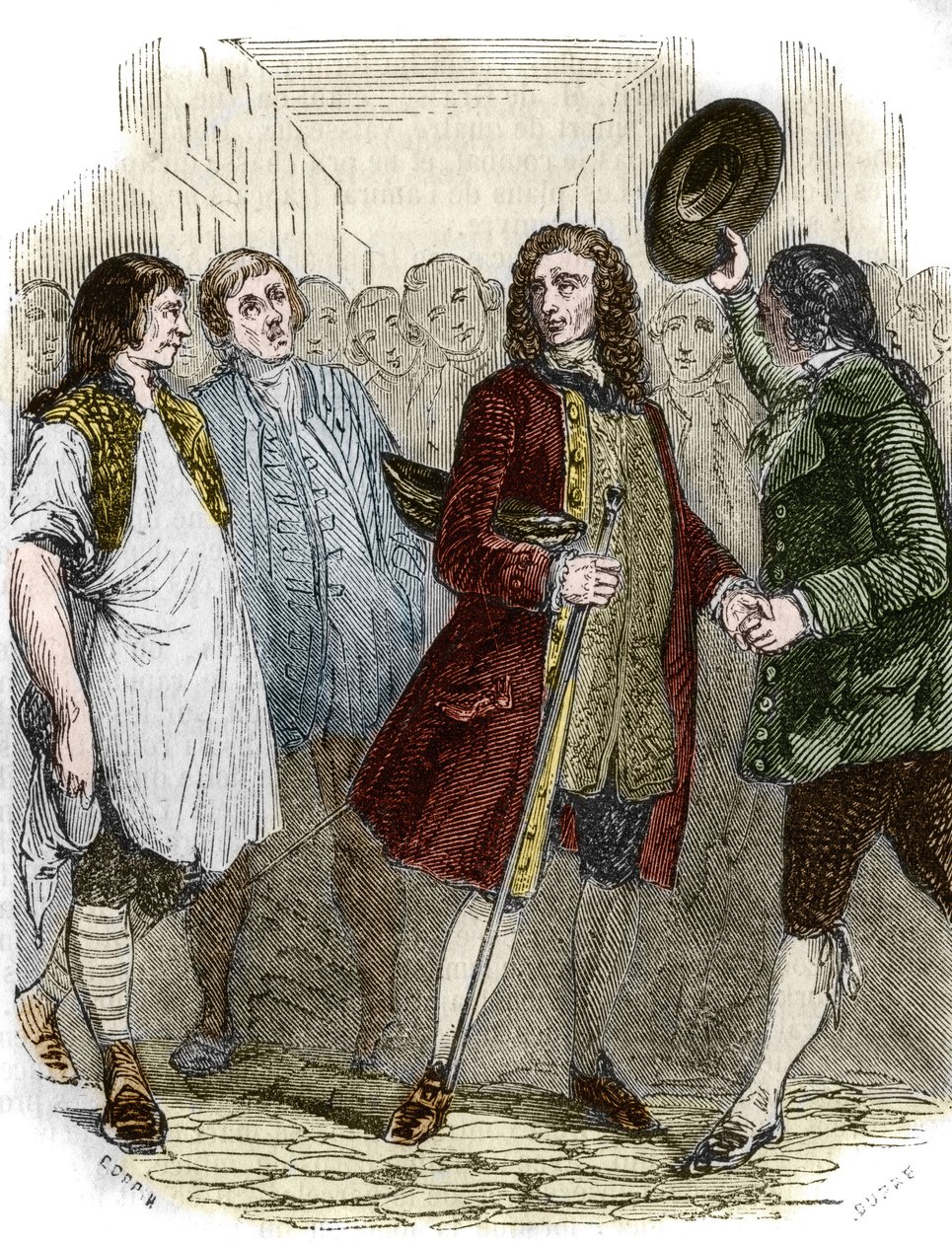 Ranskalainen kirjailija ja filosofi Francois-Marie Arouet dit Voltaire (1694-1778) palasi maanpaossa Ranskaan. Kaiverrus 1800-luvulta. tekijältä French School