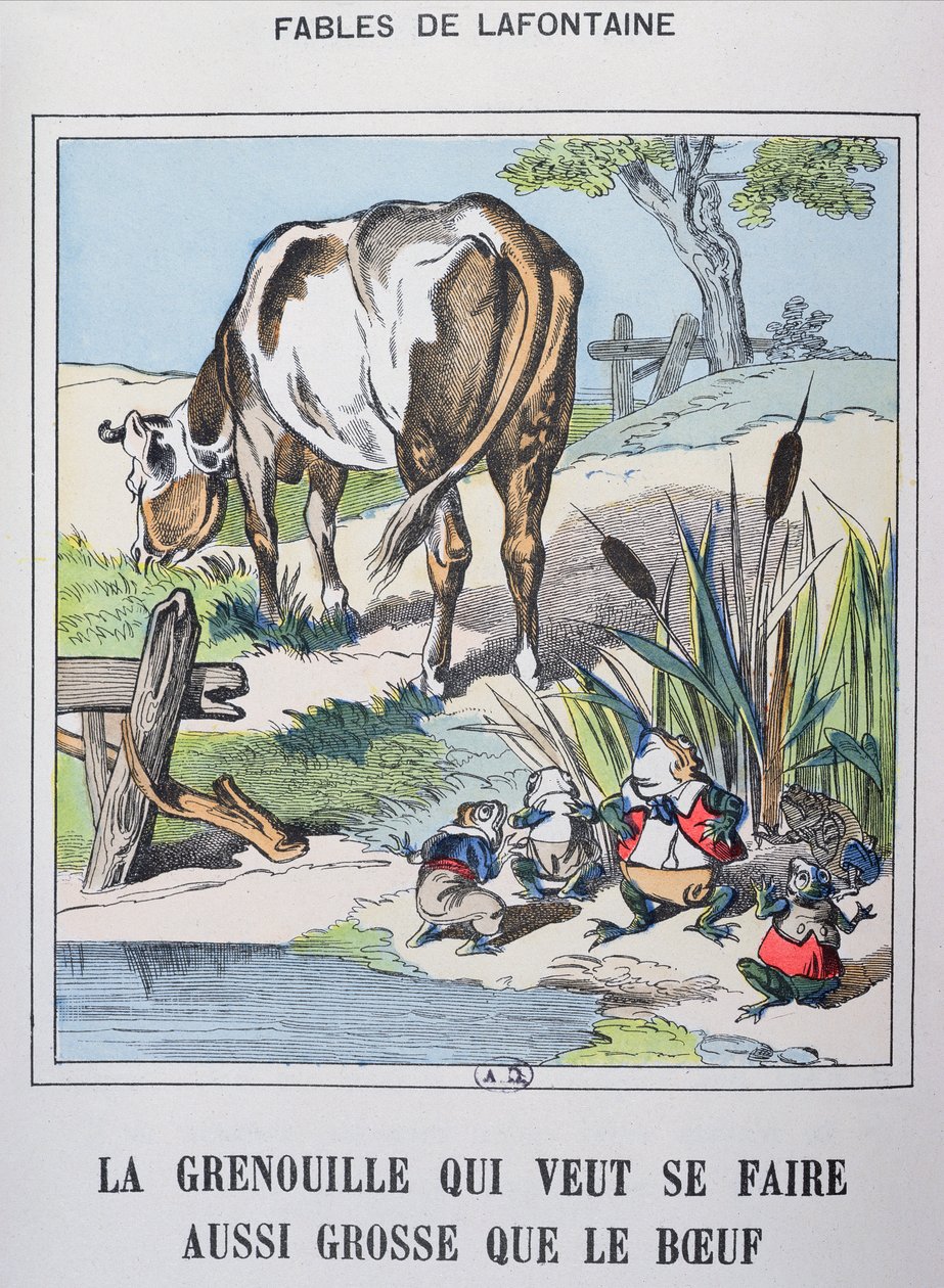 Sammakko ja härkä, teoksesta Fables de La Fontaine (värikaiverrus) tekijältä French School