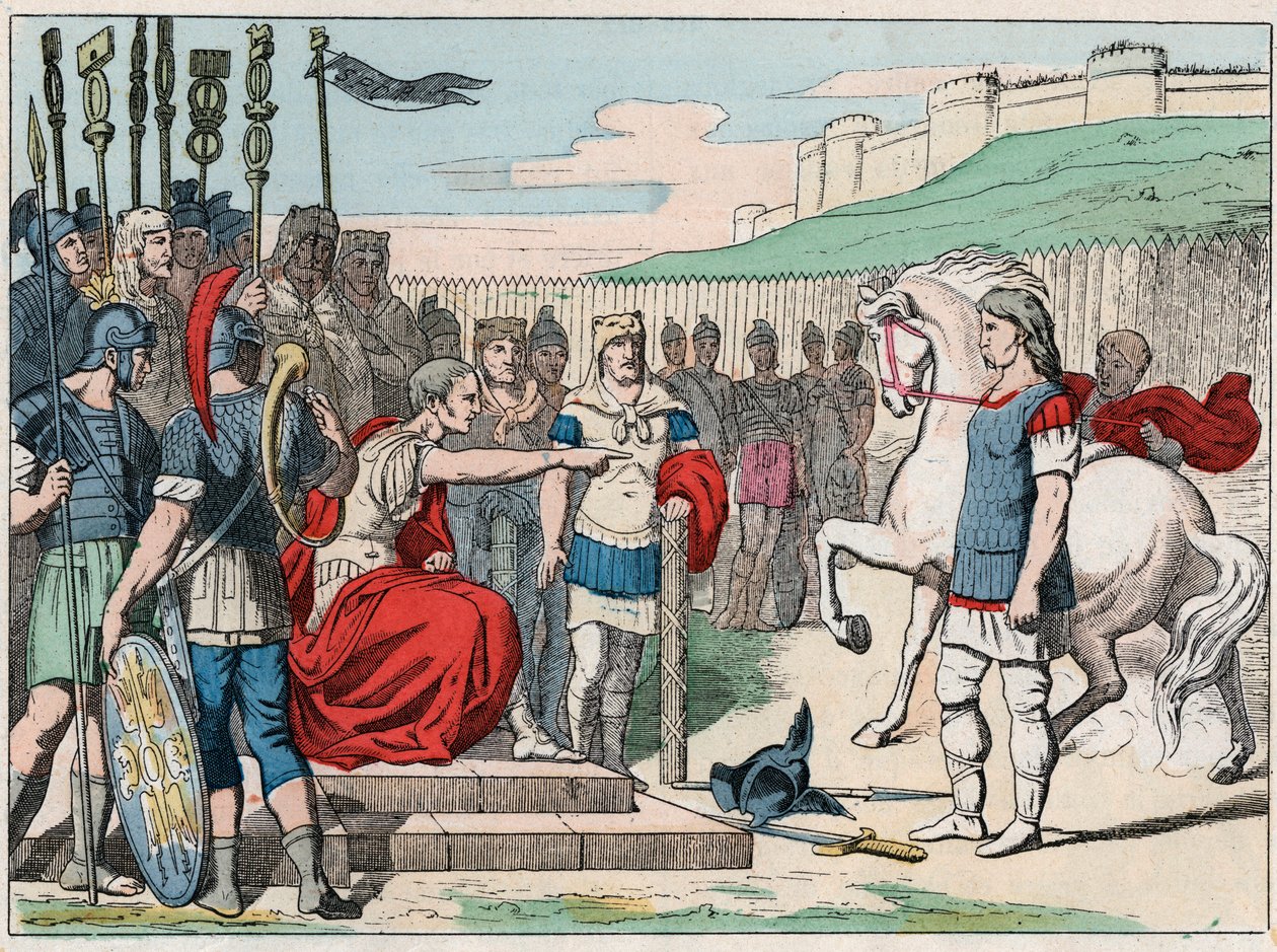 Gallialainen kokki Vercingetorix (80-46 eKr.) menossa Jules Cesarille (100-44 eKr.) Alesiaan vuonna 52 eKr. - Vercingetorix (72-46 eKr.) gallialainen johtaja, antautumassa Caesarille Alesiassa (Ranska) - Kaiverrus vuoden lopusta 1800-luvulla "" Nos Gires N tekijältä French School