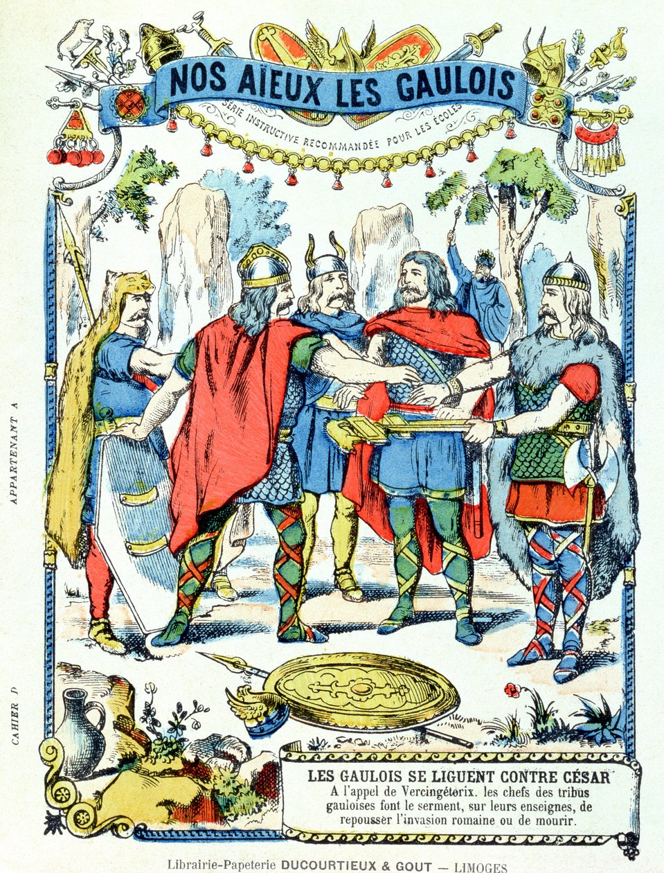 Gallialaiset johtajat liitossa Julius Caesaria (100–44 eKr.) vastaan, jota johti Vercingetorix (k.46 eKr.) koulukirjojen suojaholkista, 1800-luvun loppu tekijältä French School