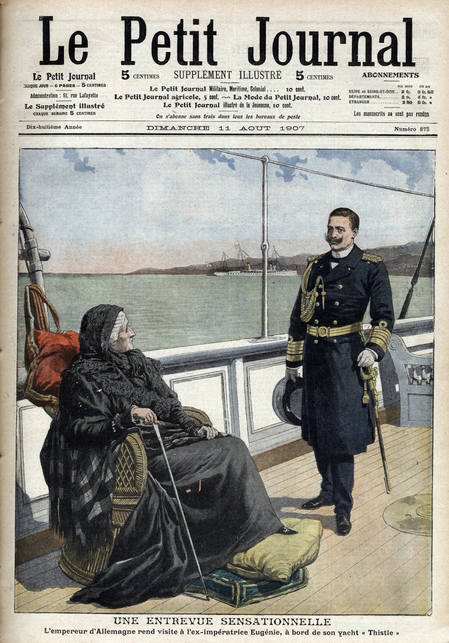 Saksan keisari Vilhelm II (1859-1941) vieraili entisen keisarillisen Eugenian (1826-1920) luona jahtillaan "Thistle", "Le petit journal" 11. elokuuta 1907 (kaiverrus) tekijältä French School