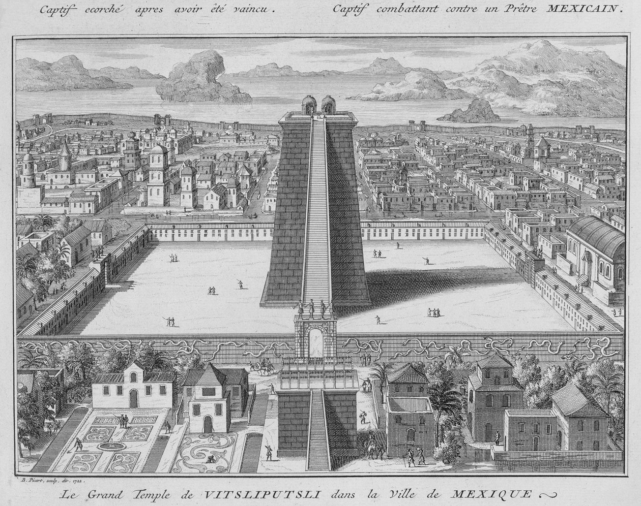 Suuri Vitsliputslin temppeli Mexico Cityssä, kuvitus uskonnollisista seremonioista ja tavoista, kaiverrus Bernard Picart (1673-1733) 1722 tekijältä French School
