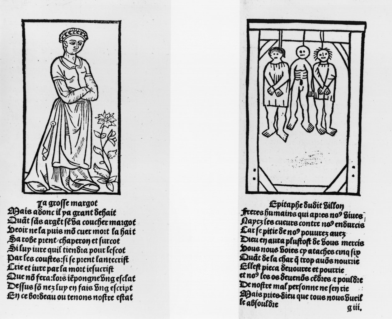 Grosse Margot ja kolme hirtettyä miestä, Francois Villonin (1431-63) Pierre Levetin teoksesta Oeuvres, julkaistu 1489 tekijältä French School