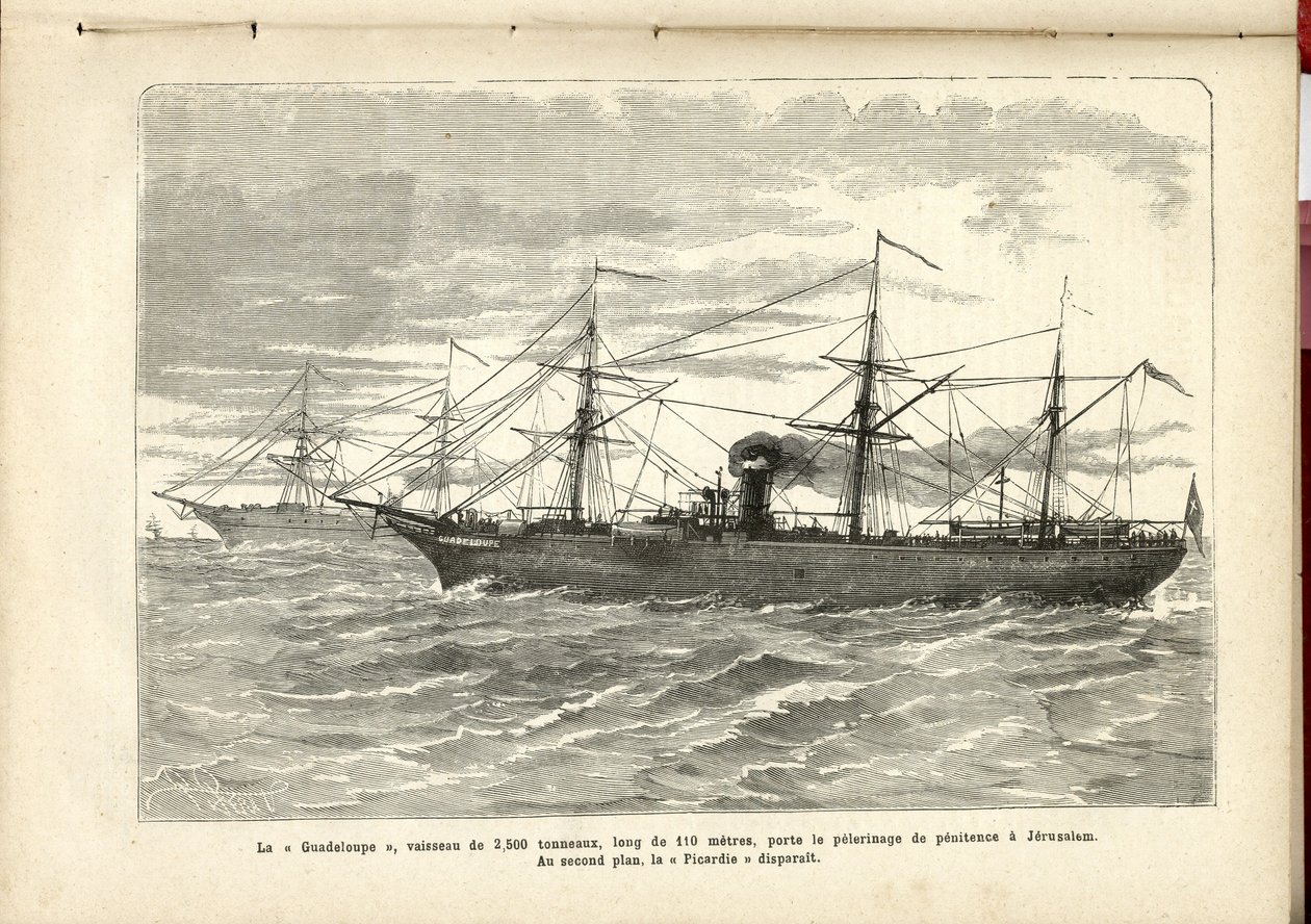 "Guadeloupe", 2500 tonnin alus, on 110 metriä pitkä, kuljettaa katumuksen pyhiinvaellusta Jerusalemiin., Anonymous, The Pilgrim tekijältä French School