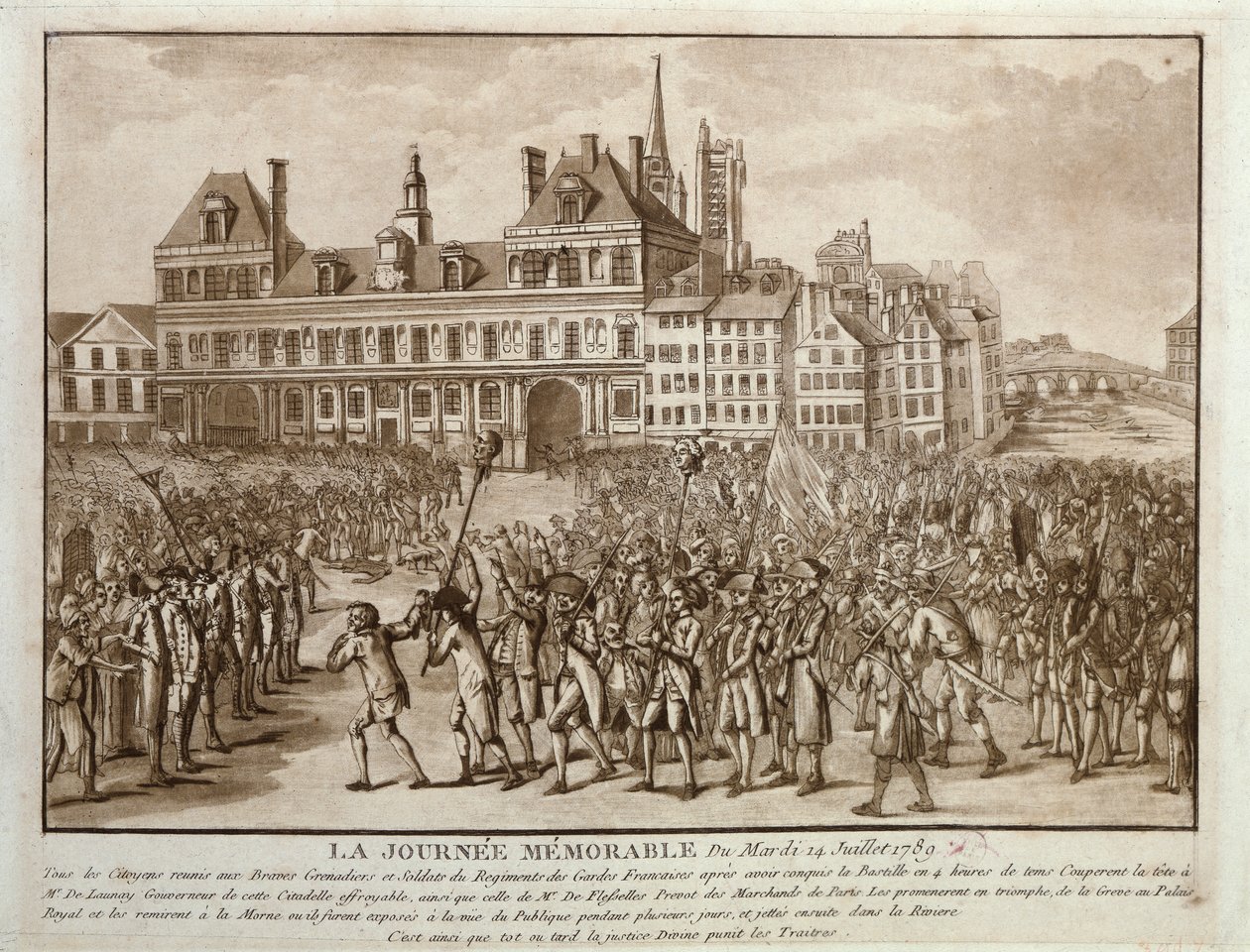 Launayn ja Flessellesin päämiehet rantautuivat Hotel de Villen eteen 14. heinäkuuta 1789 tekijältä French School