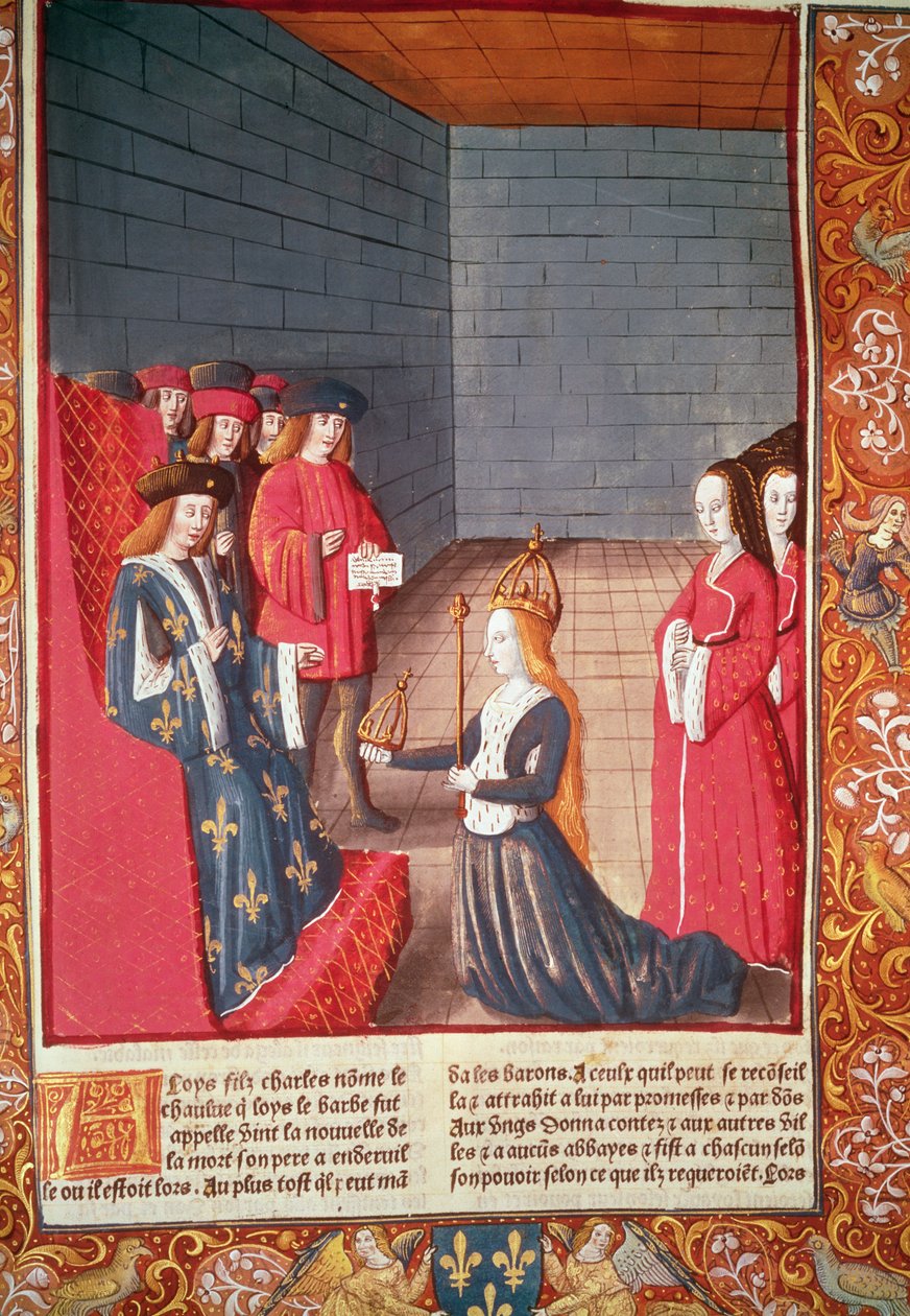 Pyhän Rooman keisarinna Richilde Provencesta Compiegnessa esittelemässä Ludvig Stammererille kruunun ja valtikka, jotka olivat kuuluneet hänen isälleen Charles II:lle "kalju", A. Verardin painamasta Chroniques de Francesta. tekijältä French School