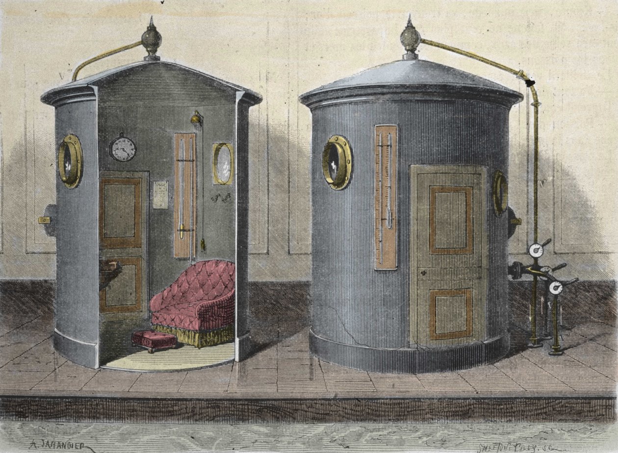 Paul Bertin (1833-1887) fysiologi ja ranskalainen poliitikko Hyperbaric kammio. Kaiverrus vuodelta 1855. tekijältä French School
