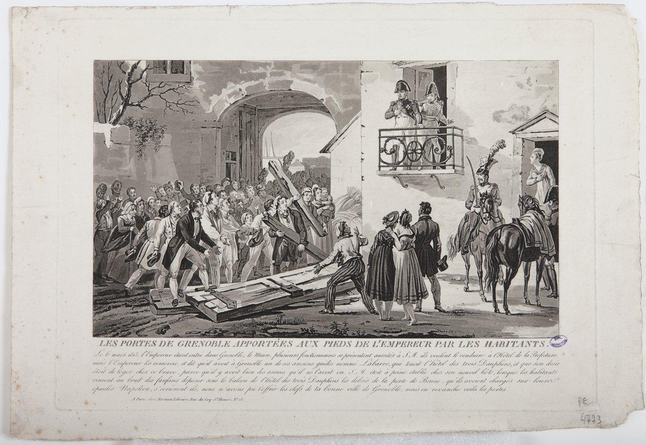 Asukkaat asettavat Grenoblen portit keisarin jalkoihin, 6. maaliskuuta 1815, julkaisija Martinet, 1815 tekijältä French School