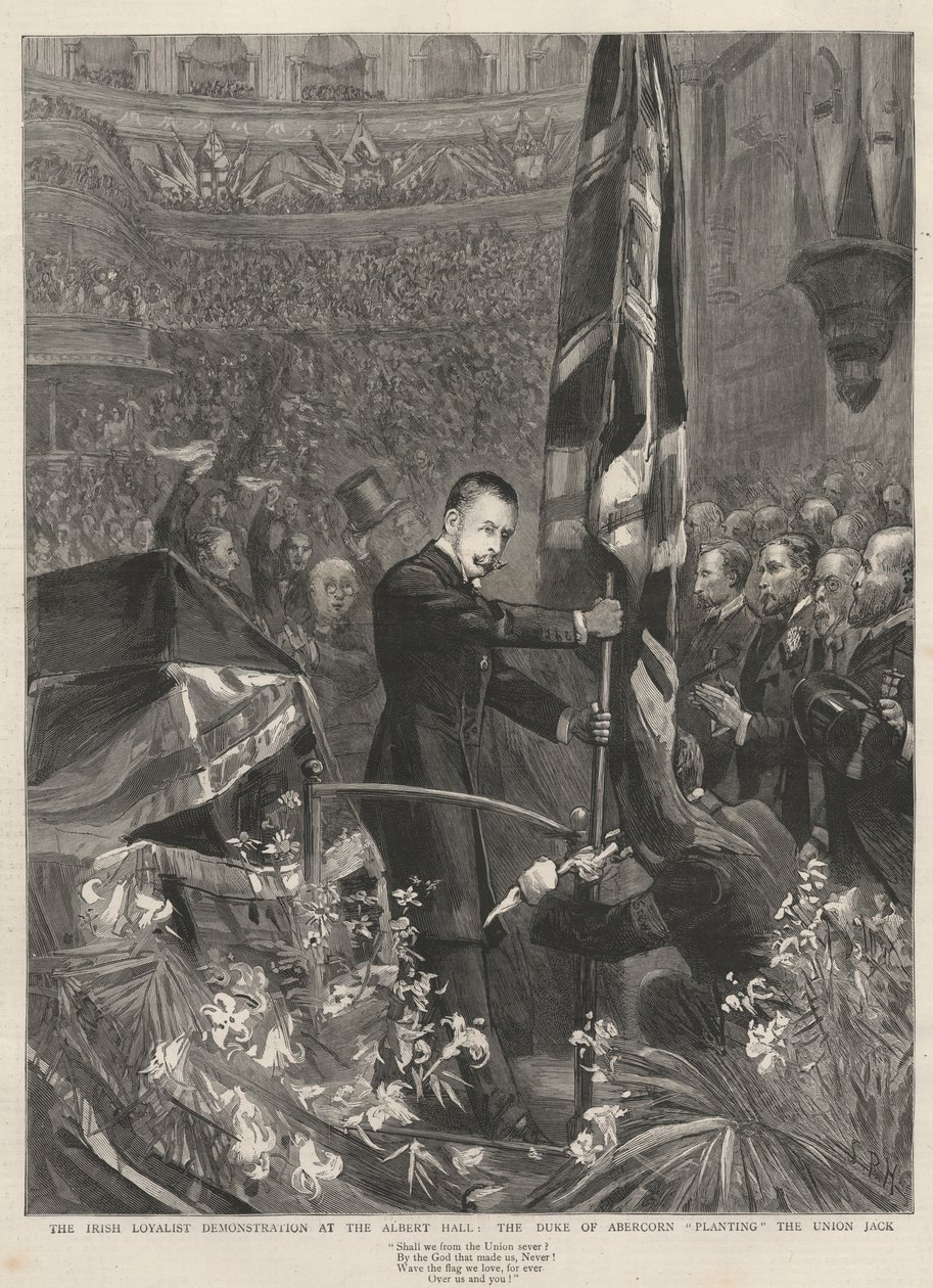 Irlantilainen uskollinen mielenosoitus Albert Hallissa Lontoossa, 1893: Abercornin herttua (James Hamilton) (1811-1885) istutti Union Jackin. tekijältä French School