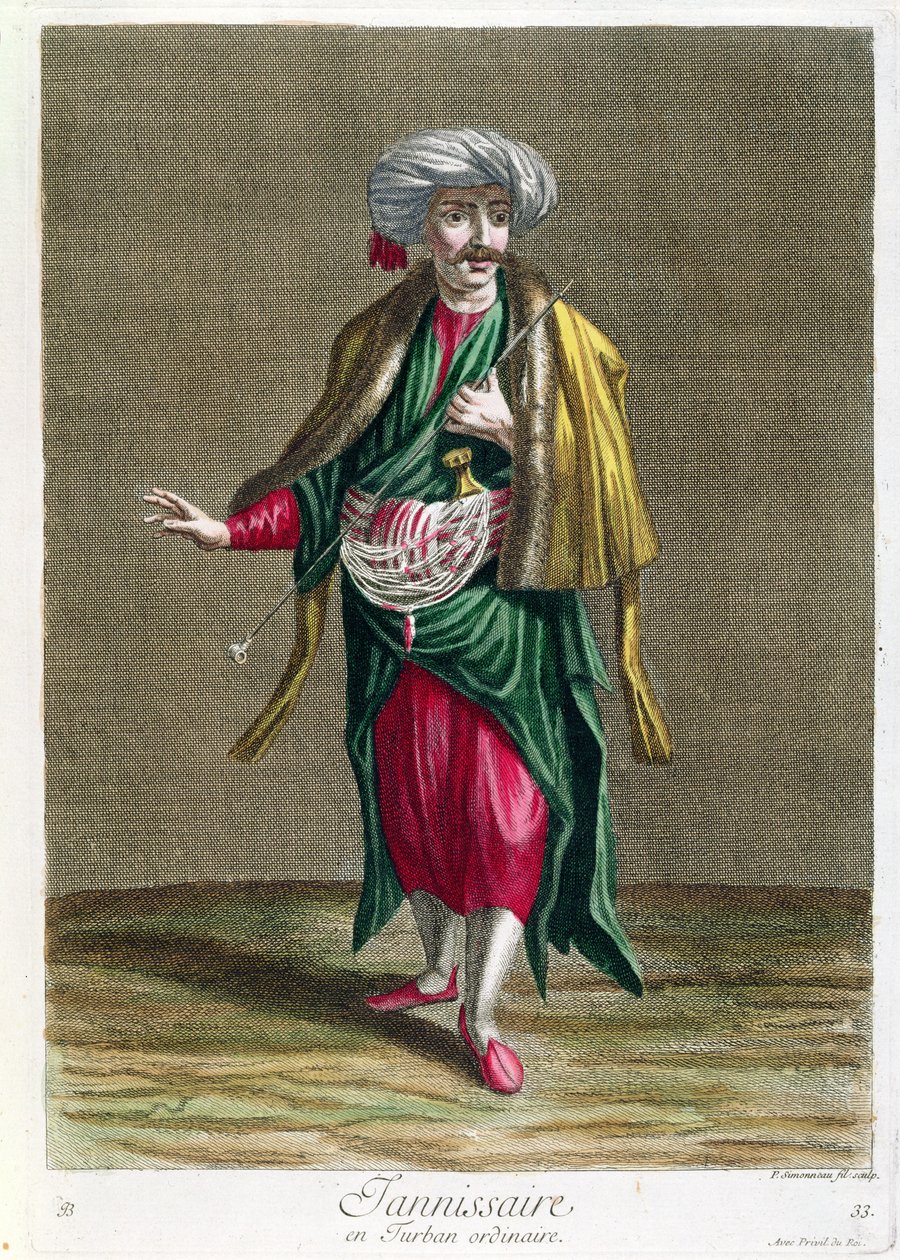Janissary, Levantin pukukuvien kokoelmasta, kaiverrus Philippe Simonneau (1685-c.1753) 1707-08 tekijältä French School