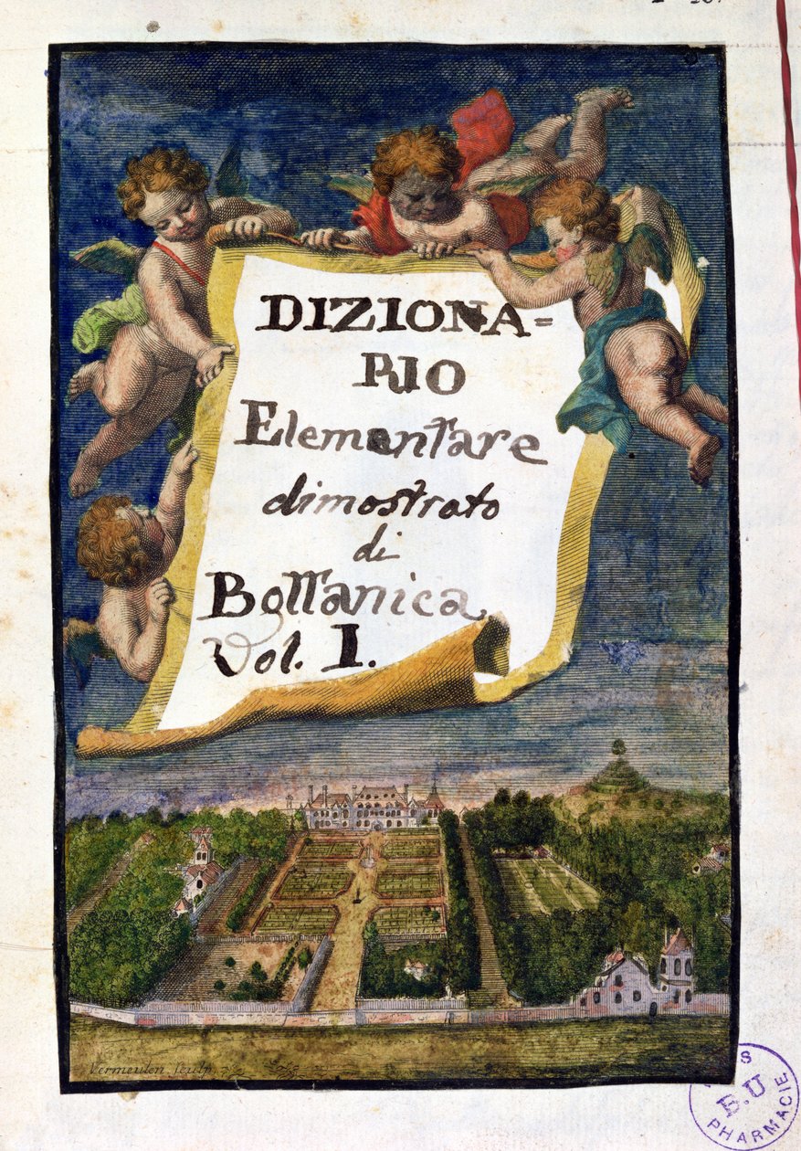 Jardin des Plantes Pariisissa, etukappale Dizionario Elementare dimostrato di Bottanicasta, osa I Istitutiones Rei Herbariae, Joseph Pitton de Tournefort (1656-1708), julkaistu Pariisissa, 1 tekijältä French School