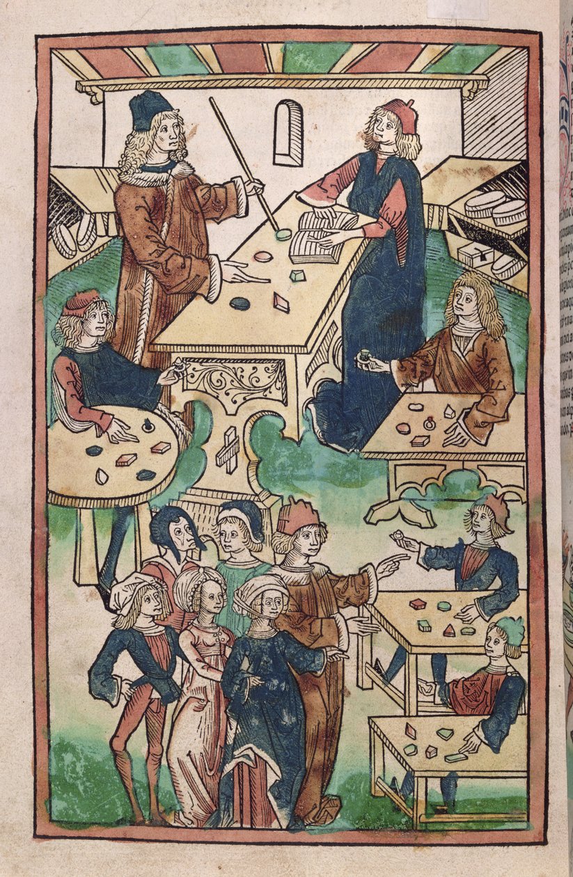 The Jewellers Shop, 1491 (värillinen puupiirros) tekijältä French School