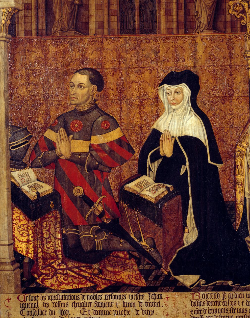 Jean Juvenal des Ursinsin (1360-1431) ja hänen vaimonsa Jouvenel-perheen yksityiskohdat. Maalaus ranskalaisen koulun puulle. 1443-1449. Aurinko 1,3x3,5 m Pariisi, keskiajan kansallismuseo, Thermes de Cluny tekijältä French School
