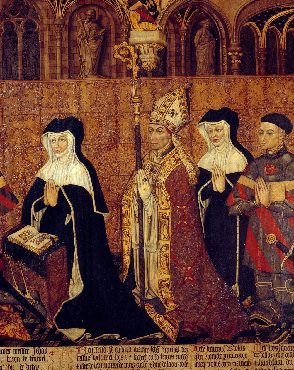Ursinien Jouvenel-perhe Yksityiskohta arkistosta (vasemmalla Jean Juvenalin vaimo). Maalaus ranskalaisen koulun puulle. 1443-1449. Aurinko 1,3x3,5 m Pariisi, keskiajan kansallismuseo, Thermes de Cluny tekijältä French School