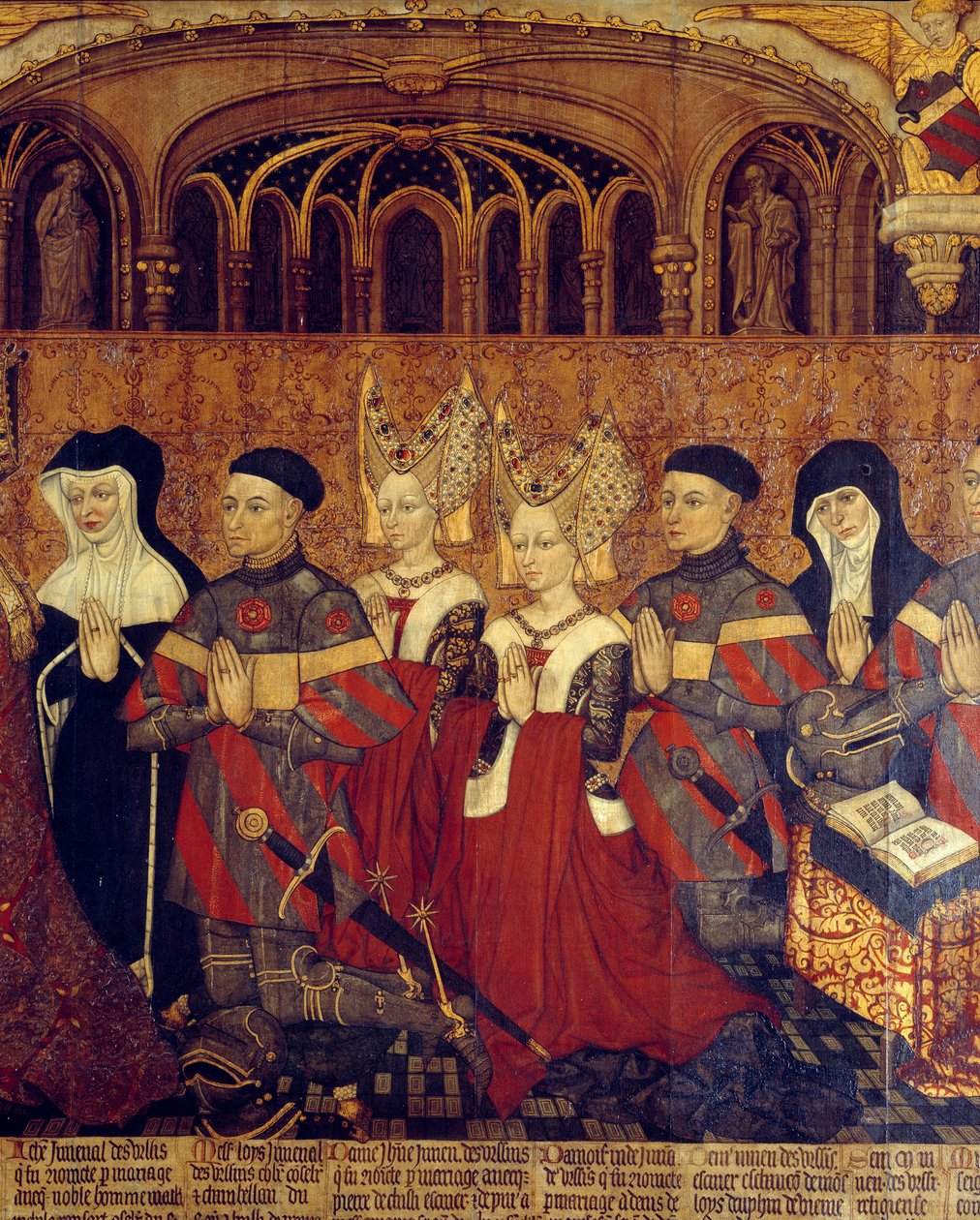 Ursinien Jouvenel-perhe. Yksityiskohta Jean Juvenalin ja prelaattien naislapsista. Maalaus ranskalaisen koulun puulle. 1443-1449. Aurinko 1,3x3,5 m Pariisi, keskiajan kansallismuseo, Thermes de Cluny tekijältä French School