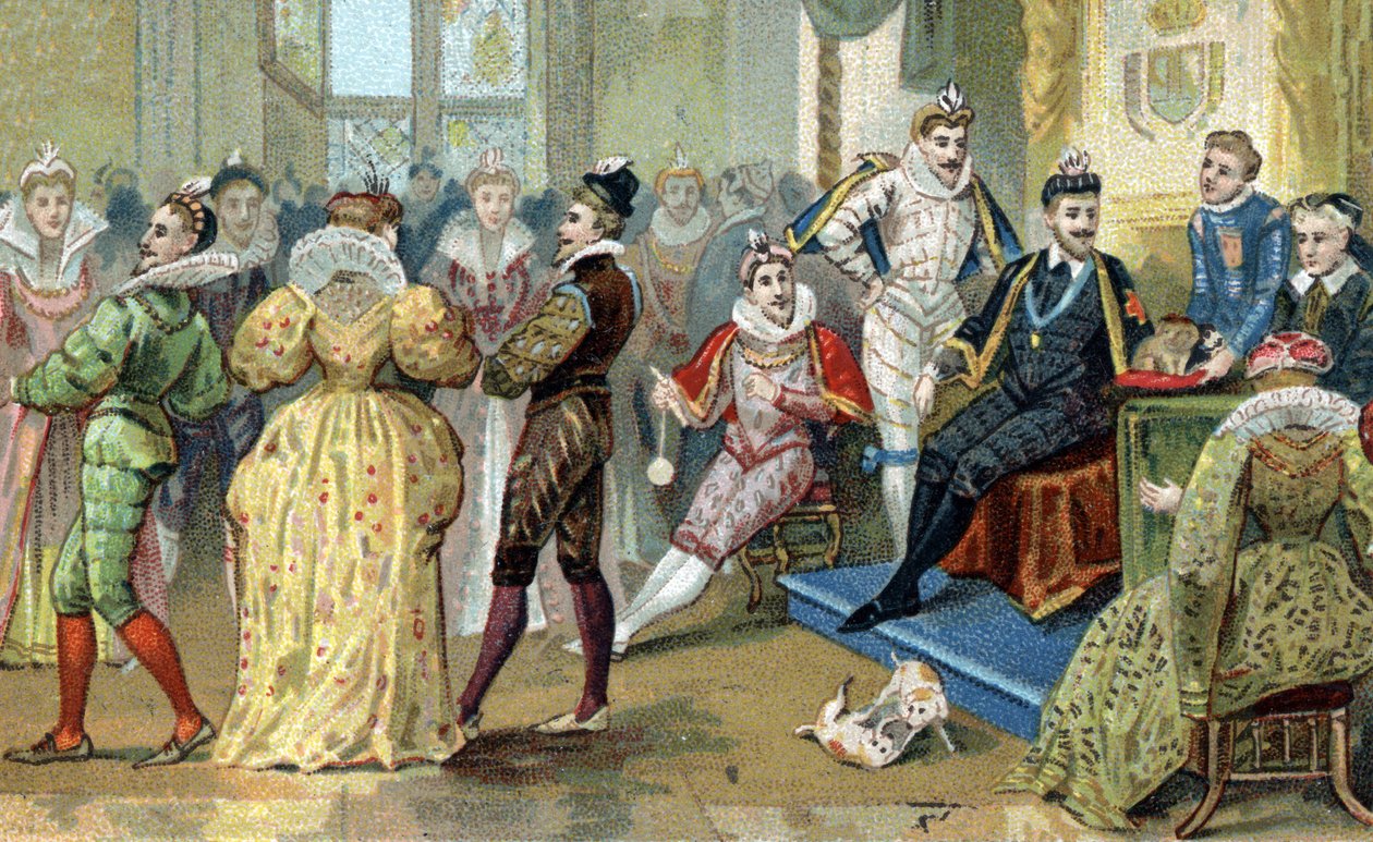 Ranskan kuningas Henrik III (1551-1589) ympäröi söpöjäänsä. 1800-luvun lopun kromolitografia tekijältä French School
