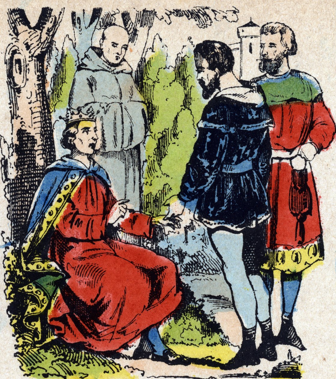 Ranskan kuningas Ludvig IX dit Saint-Louis” (1214-1270) jakaa oikeutta tammen alla Vincennesissä – Ranskan kuningas Saint Louis (1214-1270) antaa oikeutta tammen alla Vincennesissä tekijältä French School