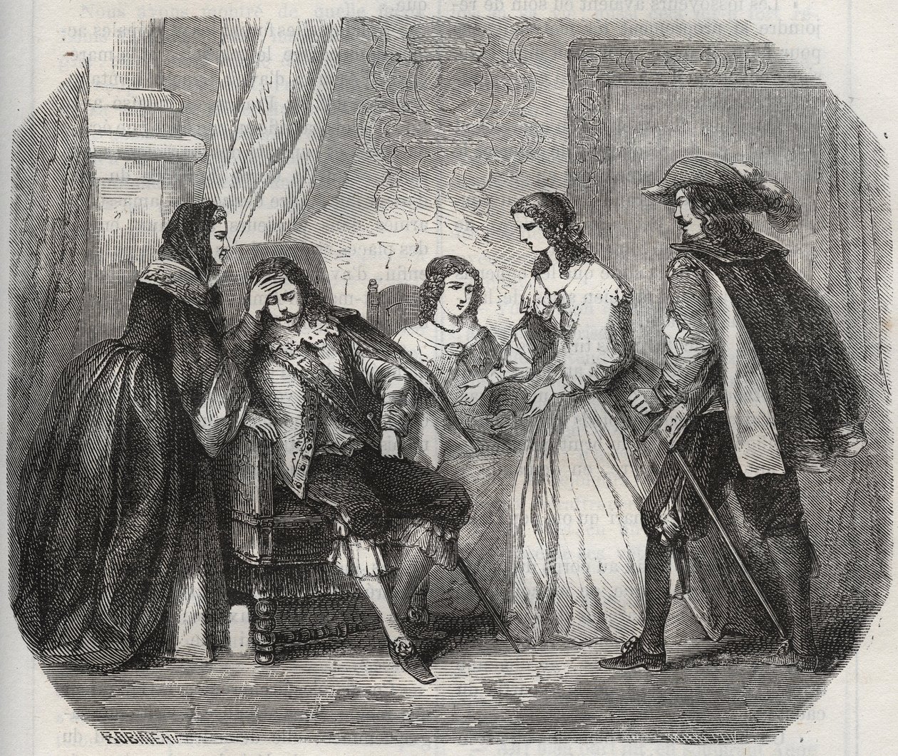 Ranskan kuningas Ludvig XIII (1601-1643) saa migreenin puhuessaan Itävallan kuningatar Annelle (1601-1666). Kaiverrus vuodelta 1871 Henry de Kockin (1819-1892) teokseen "Histoire Des Cocus Celebres". tekijältä French School
