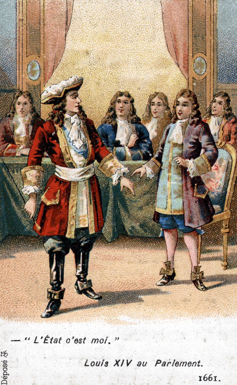Ranskan kuningas Ludvig XIV julisti parlamentille vuonna 1661: "Valtio olen minä!" 1800-luvun kromolitografia. tekijältä French School