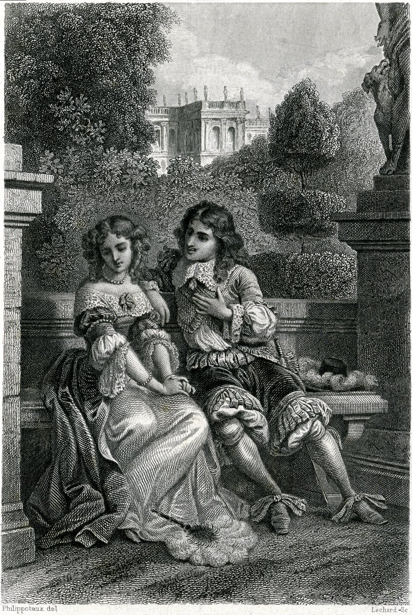 Ranskan kuningas Ludvig XIV Mademoiselle de la Vallièren ritarillisessa seurassa tekijältä French School