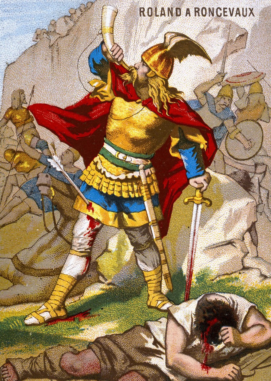 Knight Rolandilla on Roncesvalaux, joka soi oliivilta. Roland, joka ajoi Kaarle Suuren armeijan takavartijaa, yllättyi vaskoneista 15. elokuuta 778. Sitten hän soitti torveaan, liian myöhään, jotta kuningas auttaisi häntä. Kromolitografia sarjasta "" Pa tekijältä French School