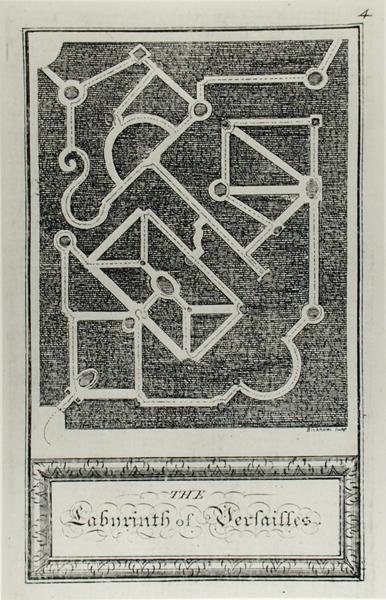 Versaillesin labyrintti, kirjasta "Ethic Amusements", Daniel Bellamy, kaiverrus George Bickham (1684-1769), julkaistu 1770 (kaiverrus) (m/w kuva) tekijältä French School