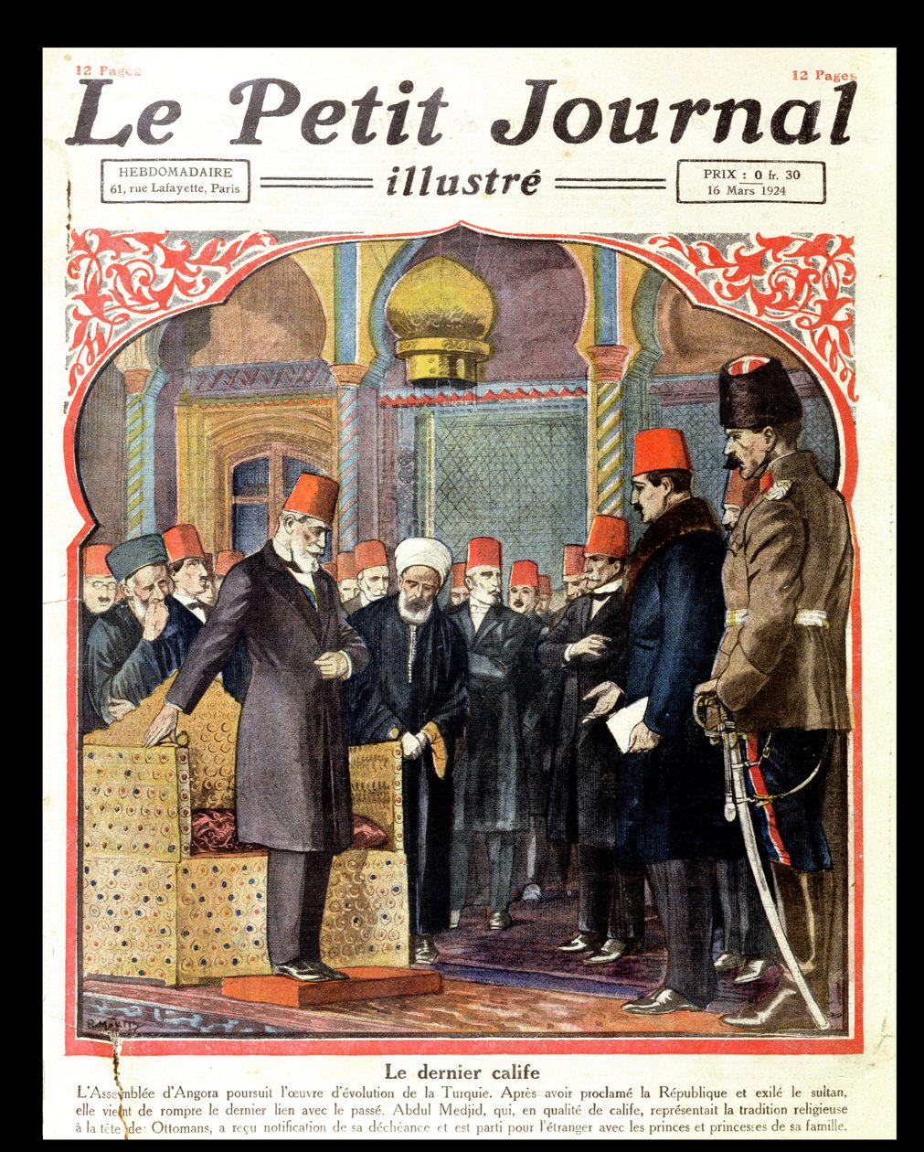 Viimeinen kalifi, Abdul Majid II (1868-1944), Ankaran yleiskokous syrjäytti valtaistuimelta, Le Petit Journal, 1924 tekijältä French School
