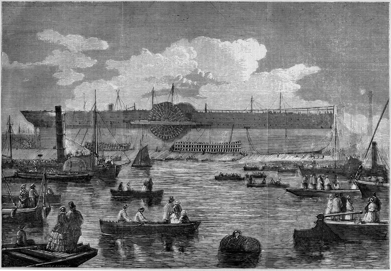 "Leviathan" (Great Eastern), ensimmäinen jättiläinen laiva, hänen yrityksensä laukaista vesille vuonna 1857. Kaiverrus "" Le Monde Illustré" -julkaisussa nro 31, 14. marraskuuta 1857. tekijältä French School