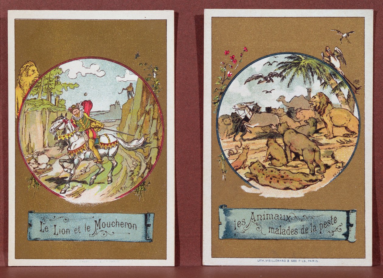 Leijona ja kääpiö ja ruttoon sairaat eläimet, Fables de La Fontainen (värillinen kaiverrus) tekijältä French School