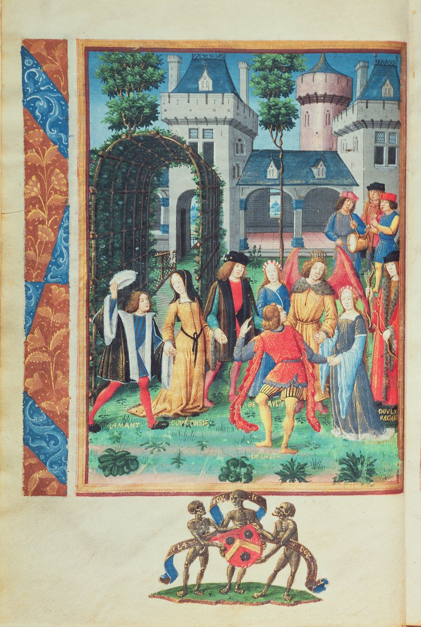 Taikapuutarha, jossa on allegorisia kohteliaisuuden, rakkauden, kauneuden ja vapauden hahmoja Roman de la Rosesta (guassi pergamentilla) tekijältä French School