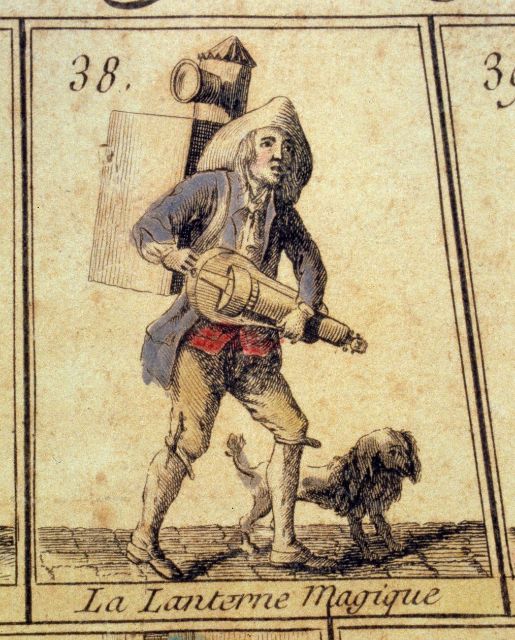 Magic Lantern -laitetta käytetään valoprojisointiin. Yksityiskohta huutohanhipelistä ja Pariisin vanhoista metreistä. 1700-luvun yksityinen kokoelma tekijältä French School