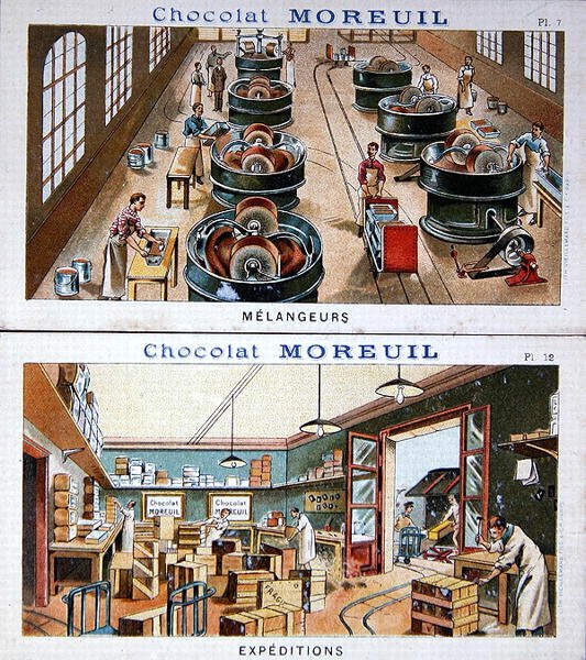 Suklaan valmistus ja jakelu, kuvamainonta suklaa Moreuil, n. 1900 (katso myös 157413) tekijältä French School